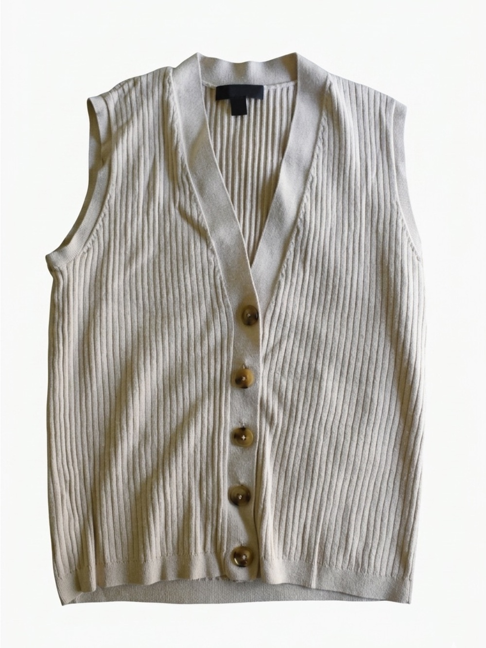 Ann Taylor Ribbed V-Neck Button-Front Knit Vest in Light Beige